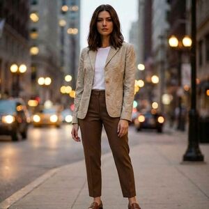 Cacharel Beige Tan VNeck Cotton Floral Accent Button Down Blazer
